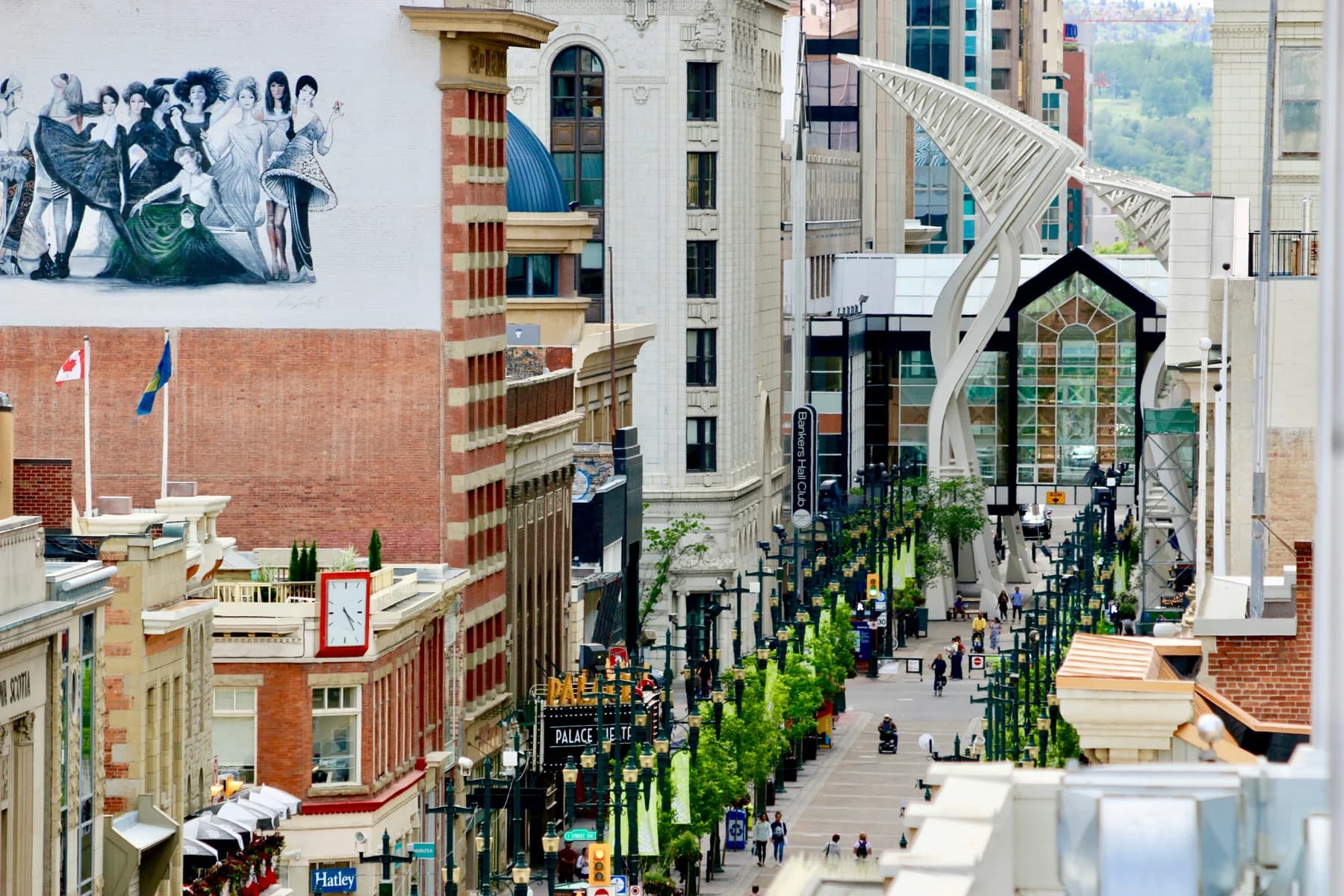 A lively street lined with shops and buildings in Calgary