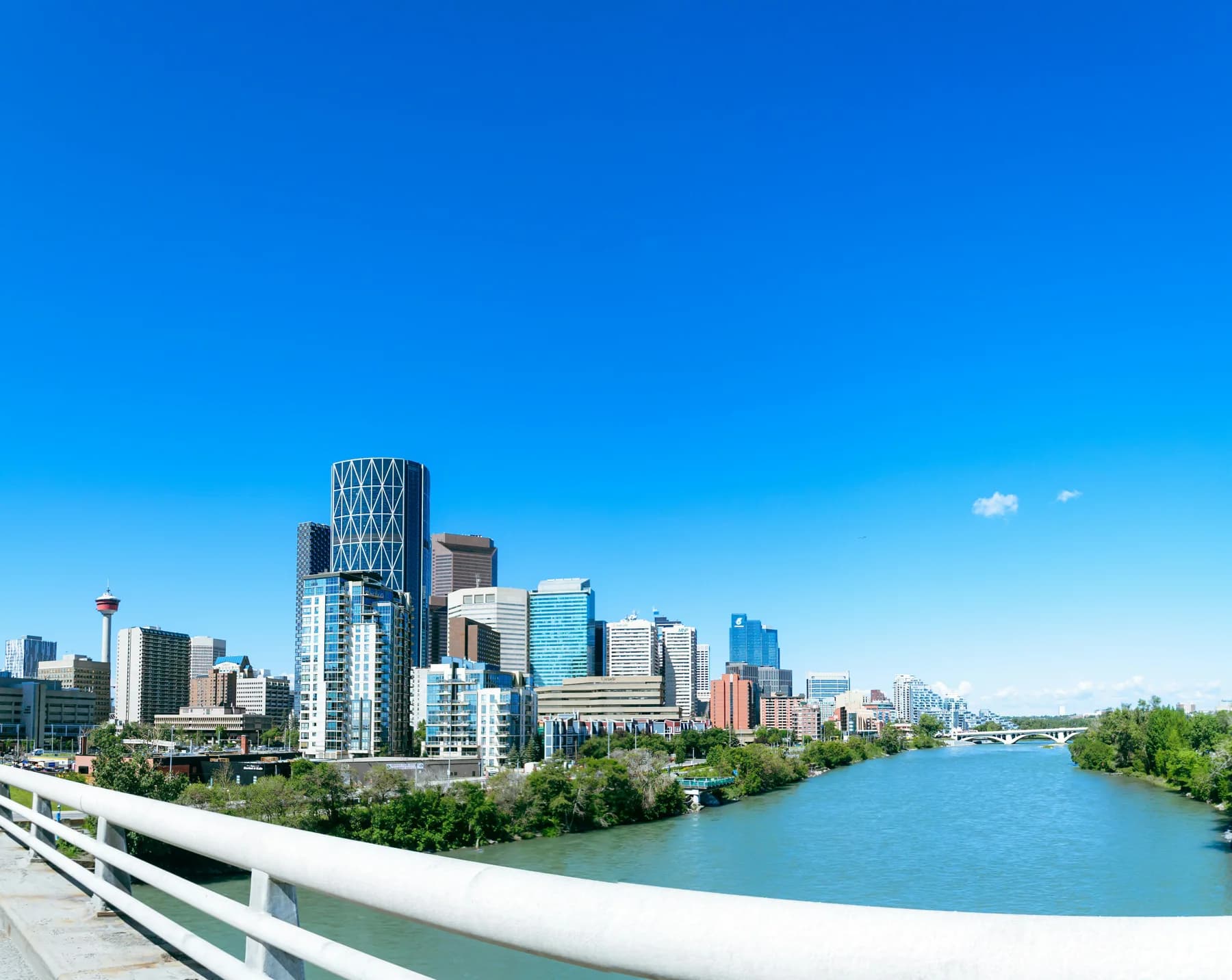 Calgary’s skyline above the river on a clear day