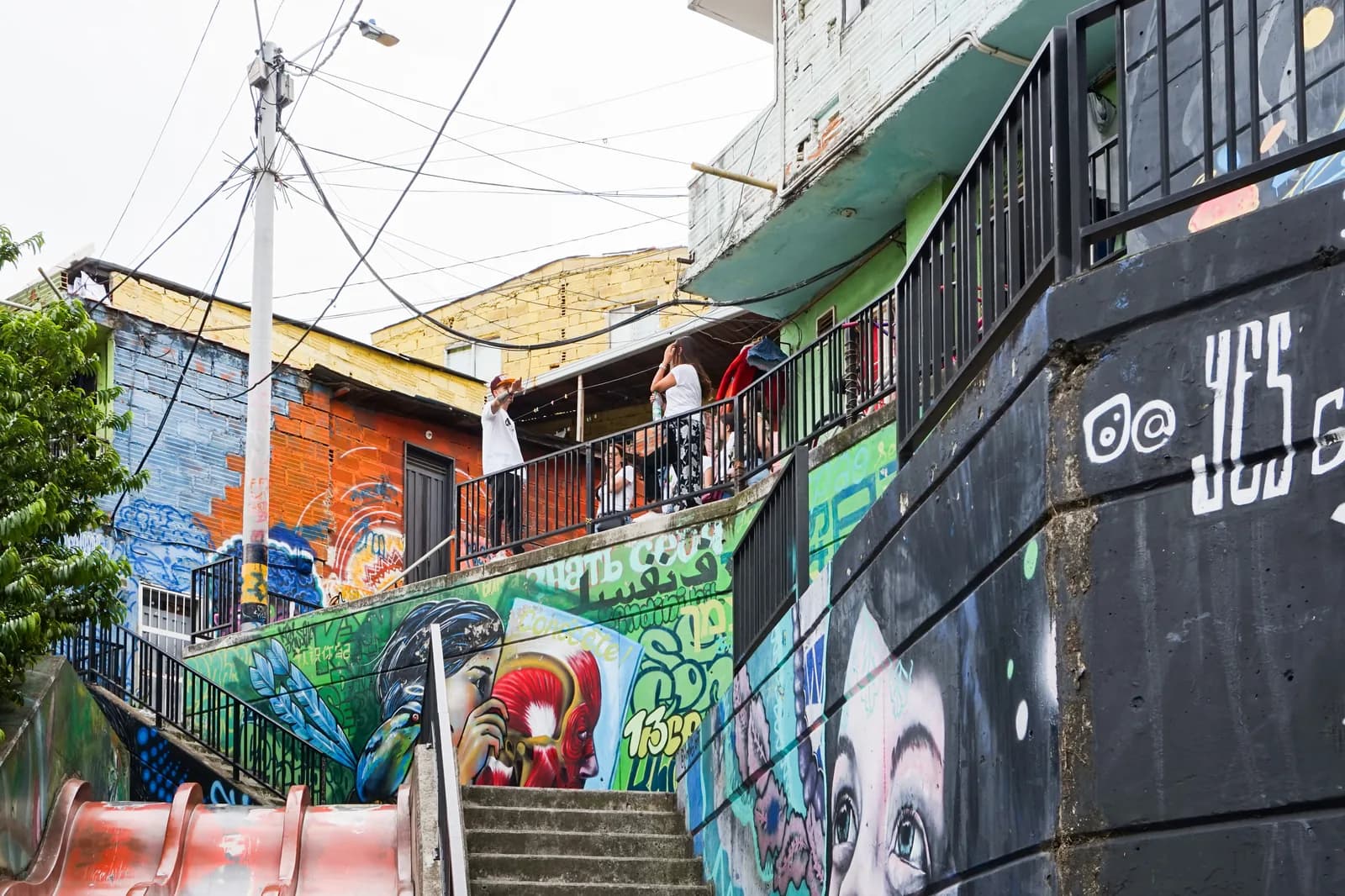 Colourful murals along the stairways of Comuna 13 in Medellín