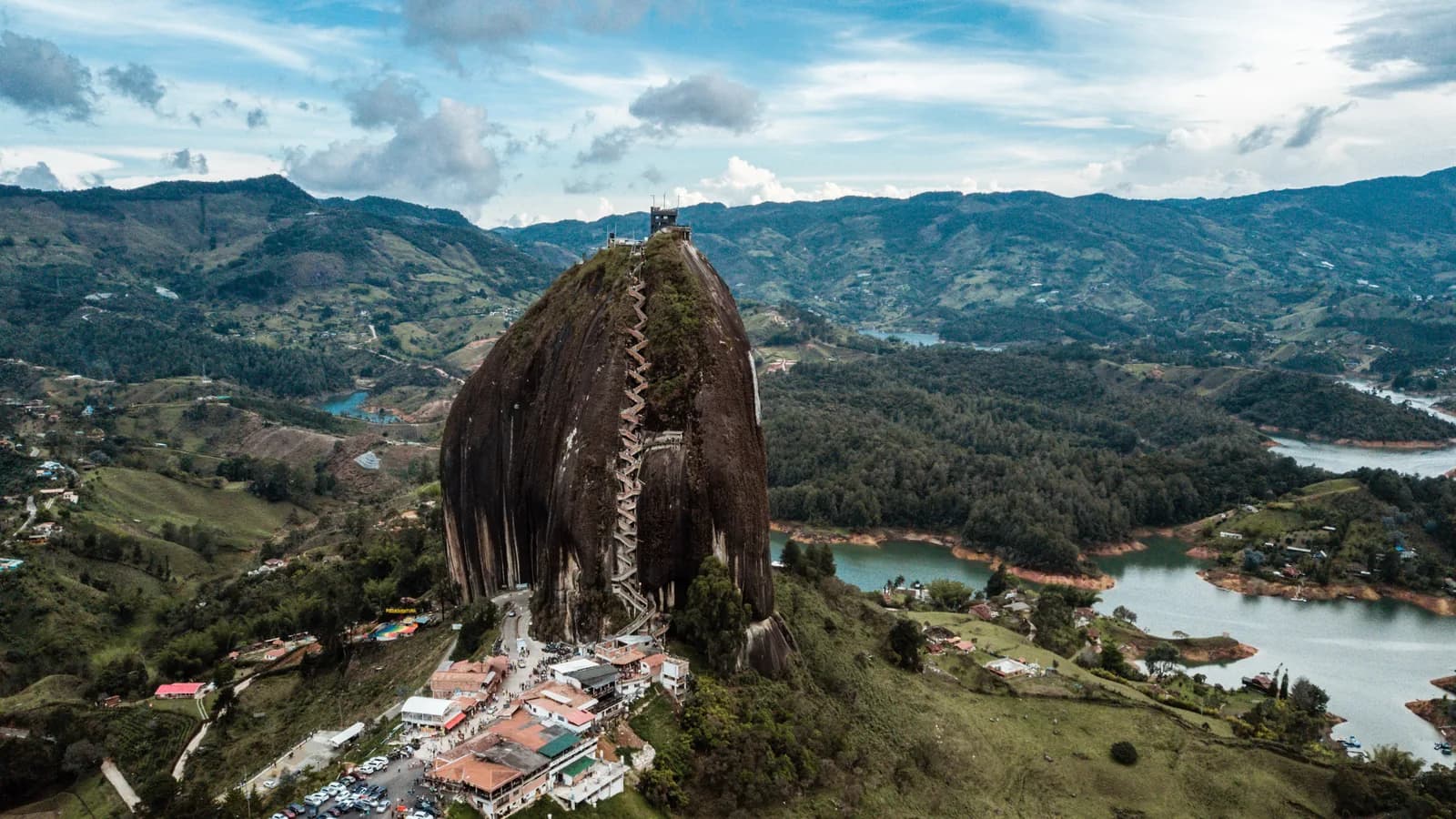An aerial view of the rock of El Peñón and the Guatapé reservoir