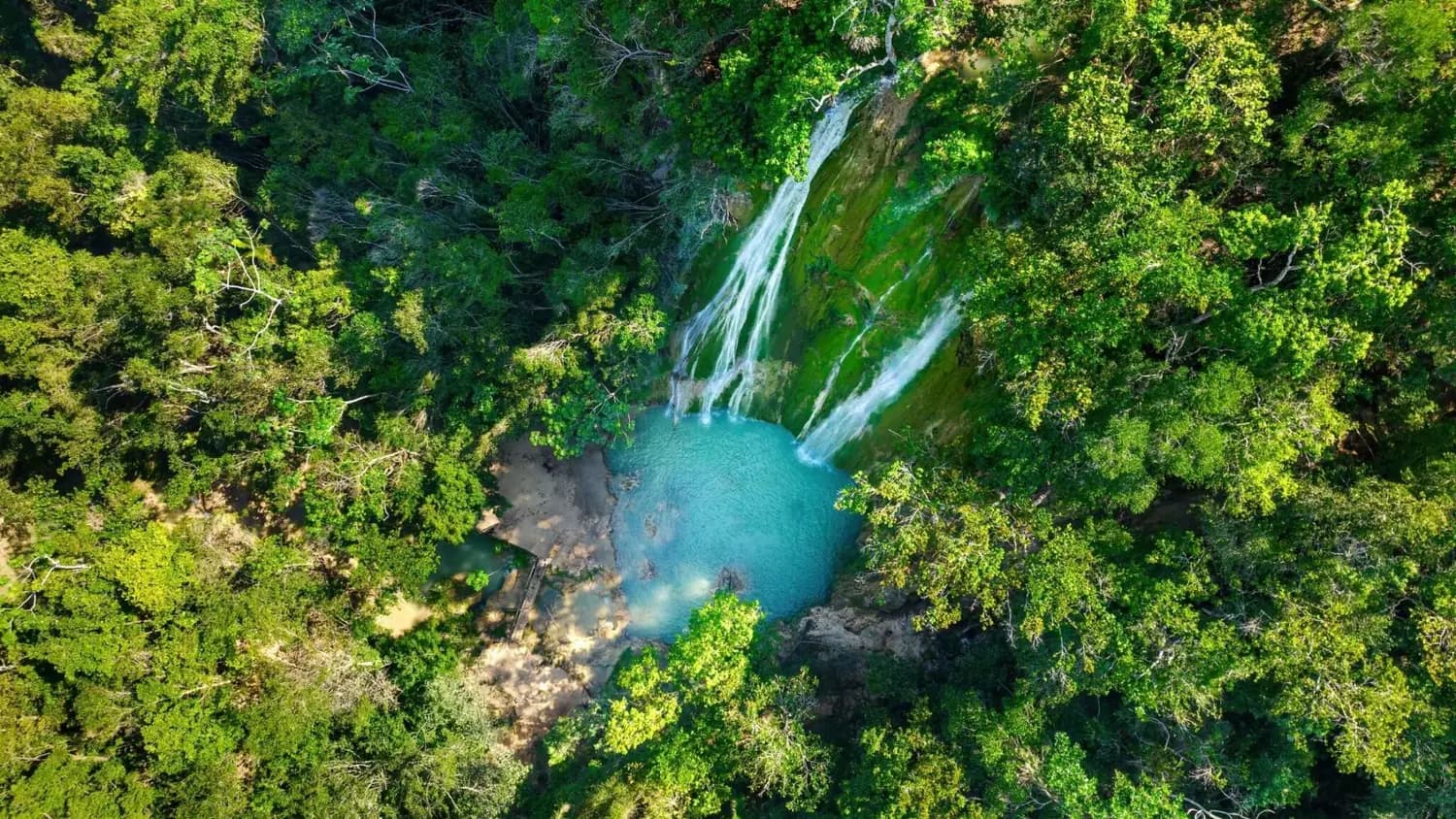 An aerial view of a turquoise pool beneath a jungle waterfall