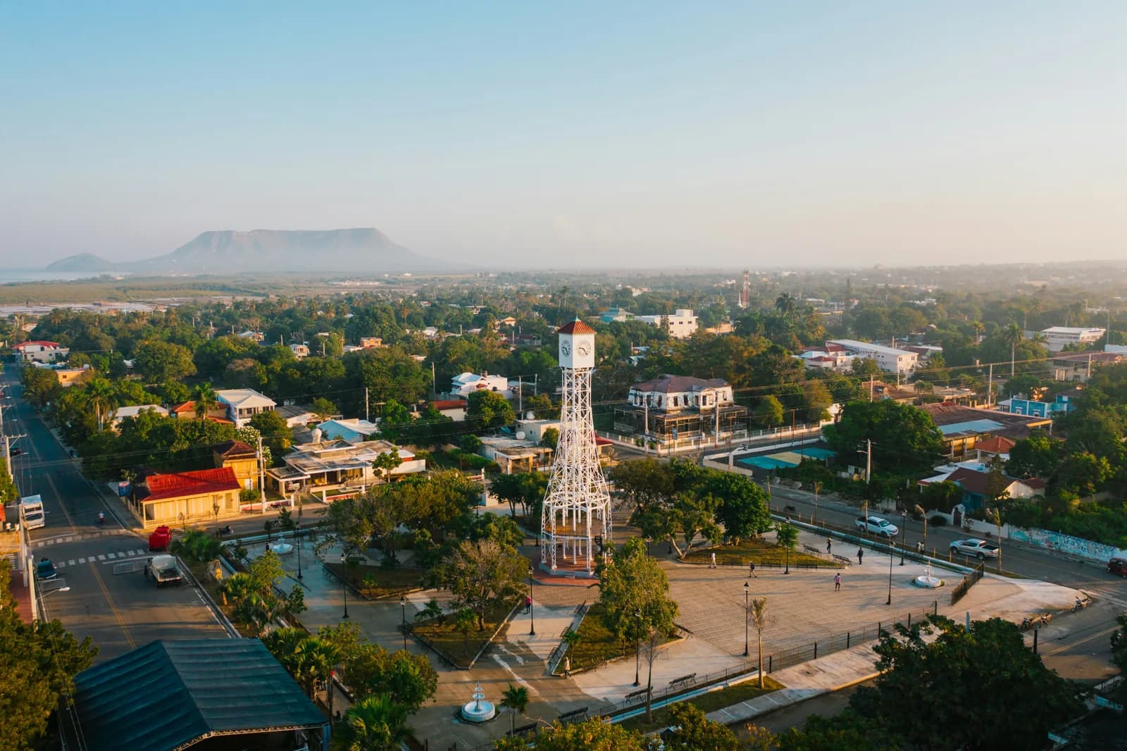 A city square and monument seen from above