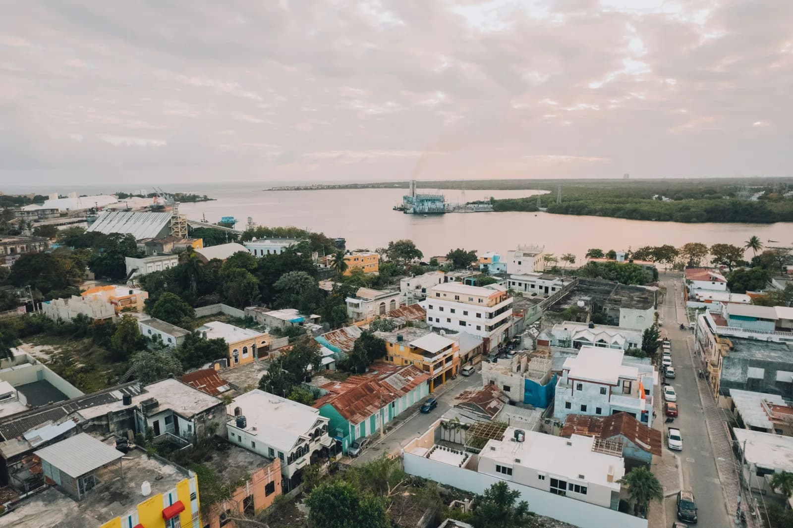 Historic city streets beside a harbour