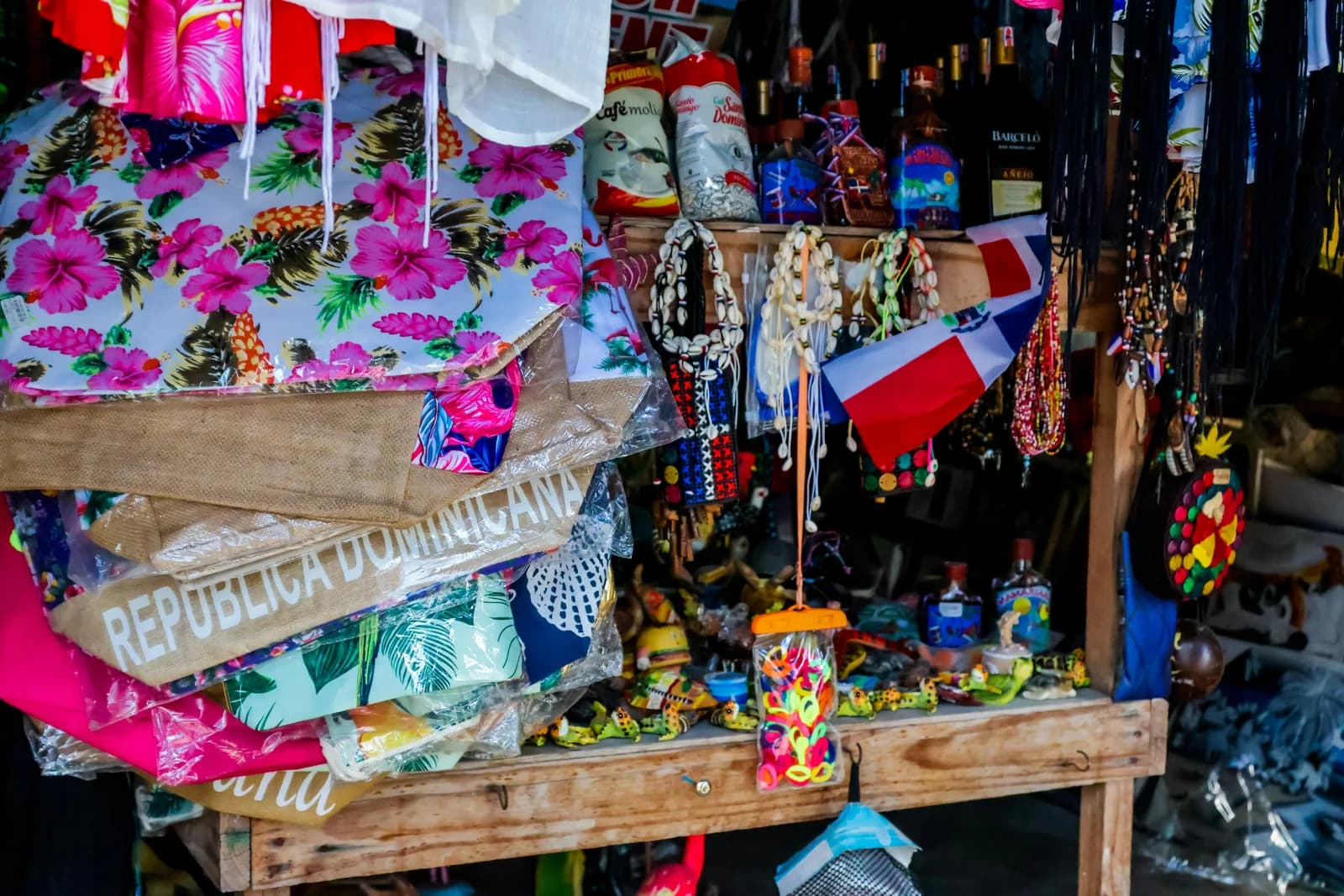 Colourful Dominican souvenirs displayed at a local shop