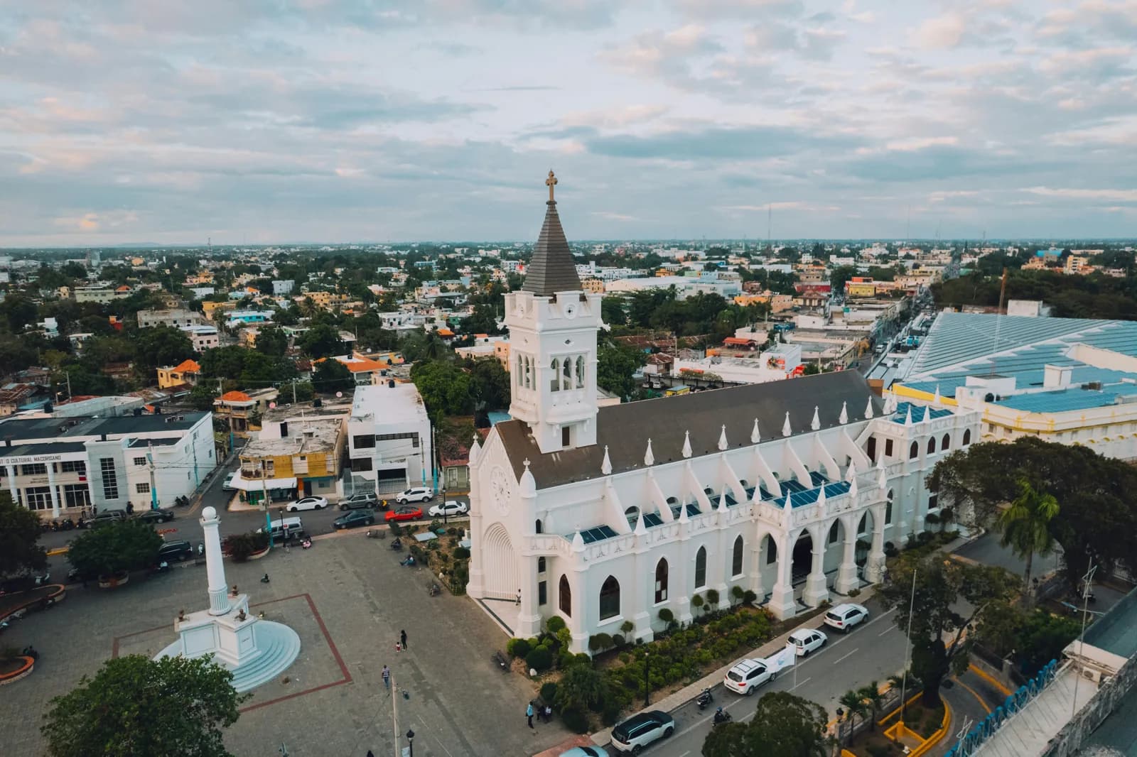 A church and colourful buildings viewed from above