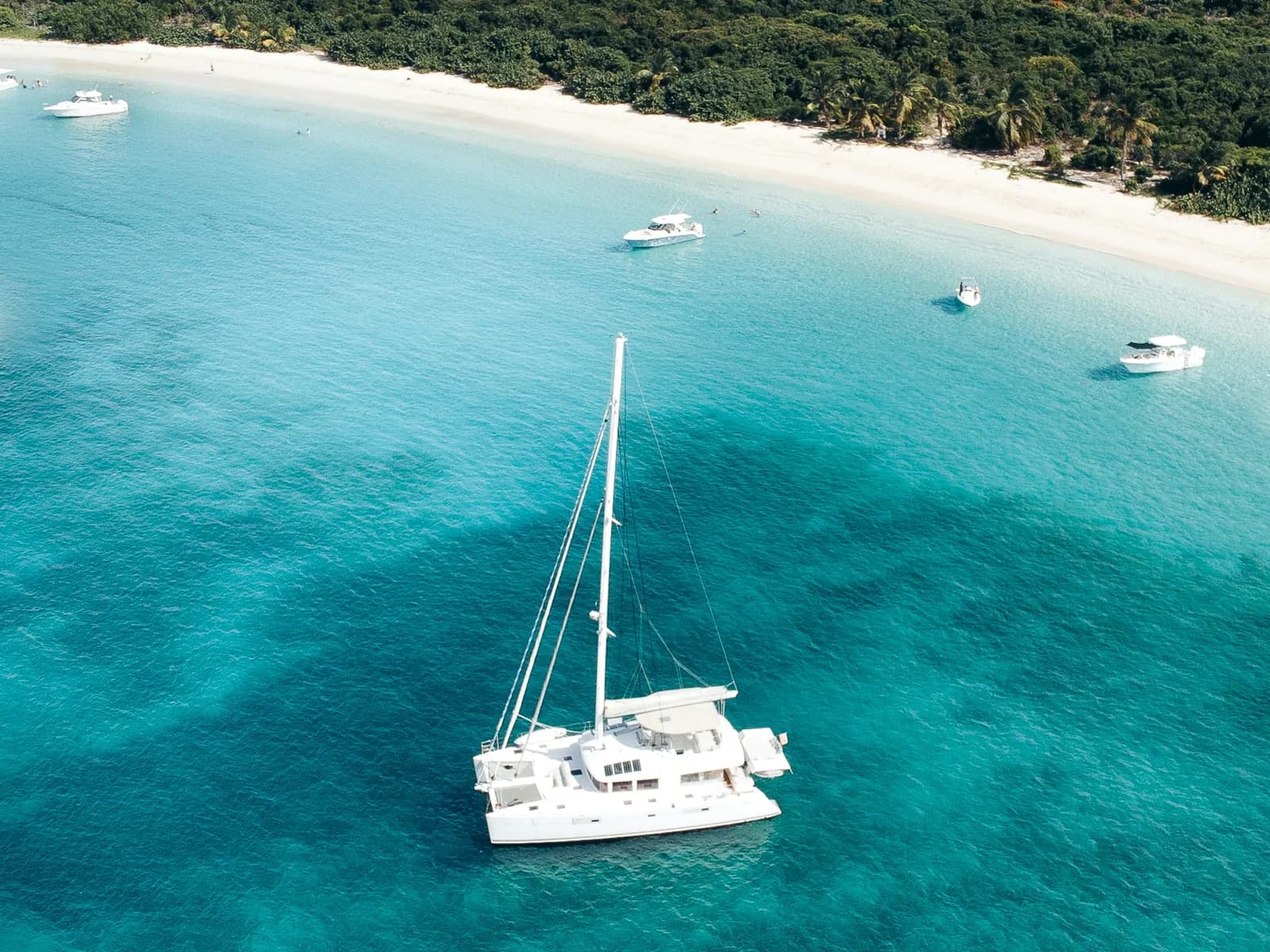 A catamaran anchored in clear turquoise water off a white-sand beach, seen from above